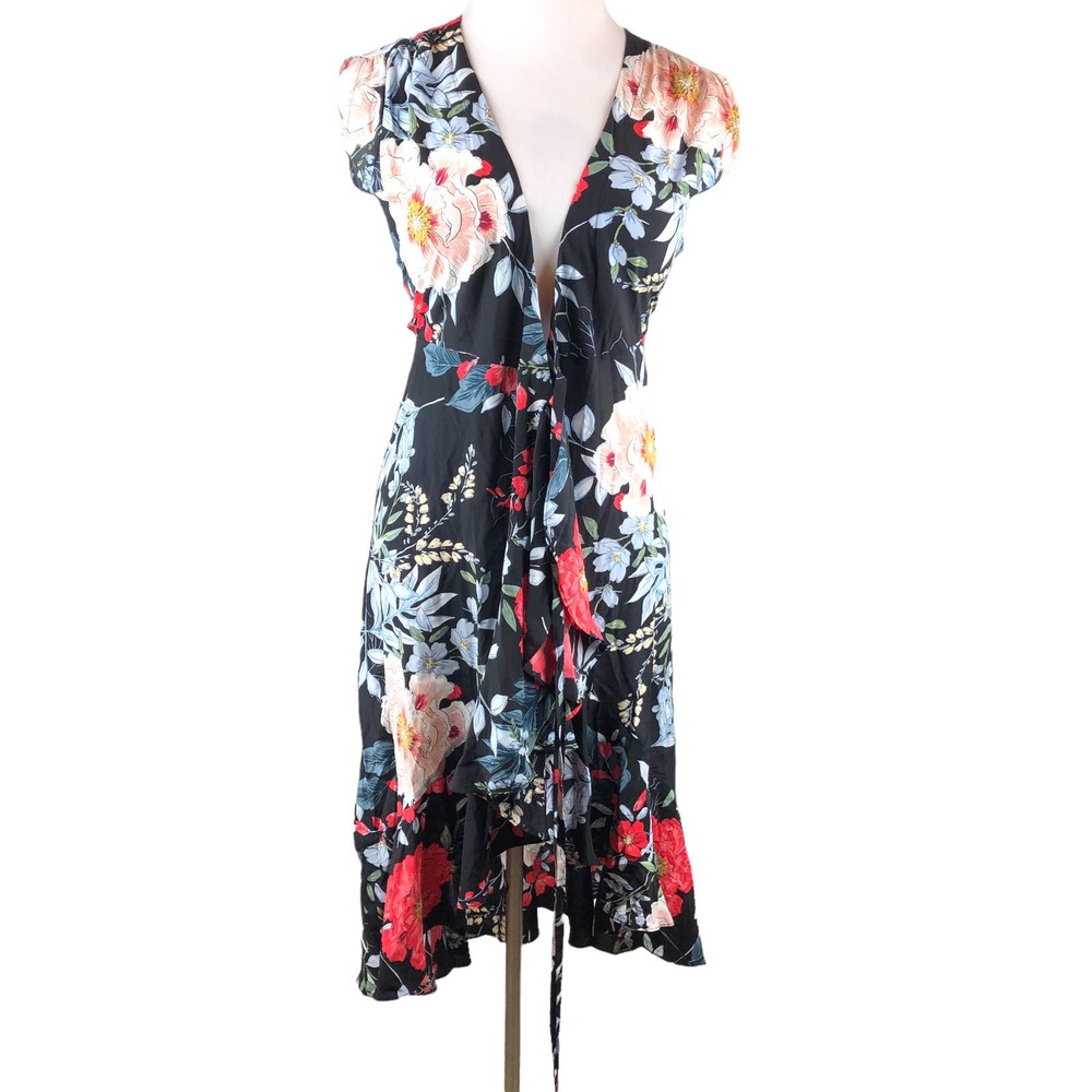 Yumi Kim Anthropologie Silk Floral Mini Wrap Santorini Dress Black Multi Size S - Picture 5 of 12